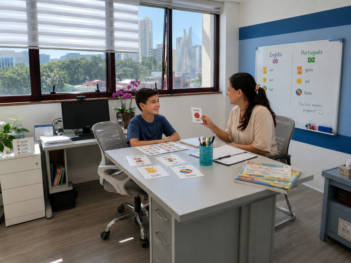 Atendimento com material em inglês e português